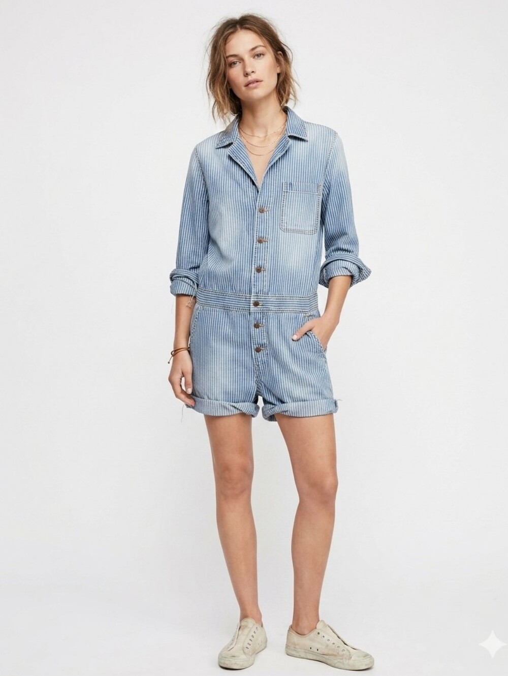CURRENT/ELLIOTT The Mechanic Railroad Stripe Denim Romper Jumpsuit S